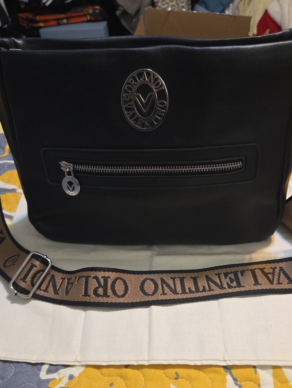 Valentino Orlandi Black Crossbody with Tan Branded Strap